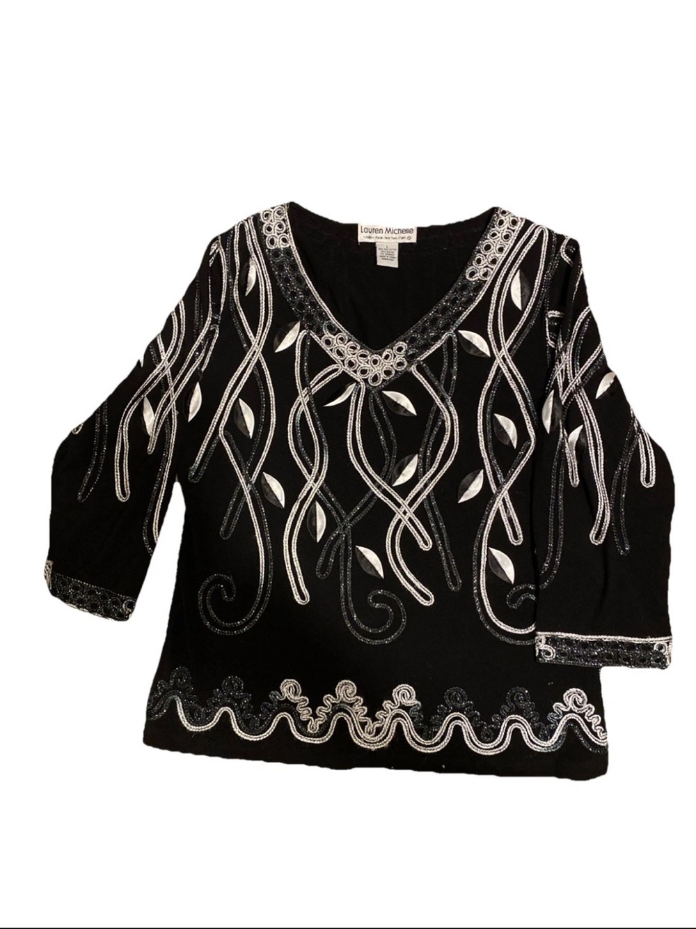 Lauren Michelle Pullover top Sparkle/Shiny Black & White ribbon design Sz Large